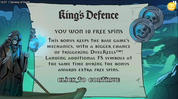 Dynasty of Death - започнување на King's Defence Free Spins